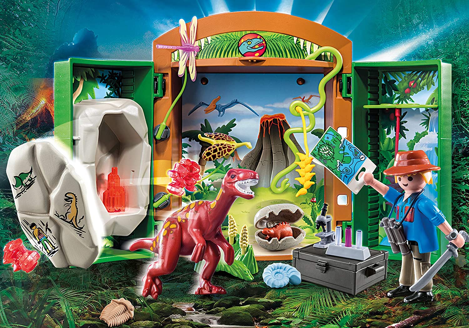 archeologo con uovo di dinosauro