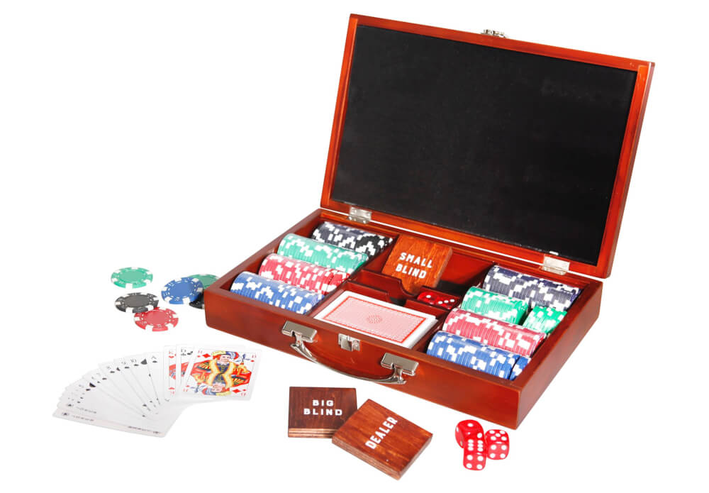 Set poker con cassetta di legno con 200 fiches