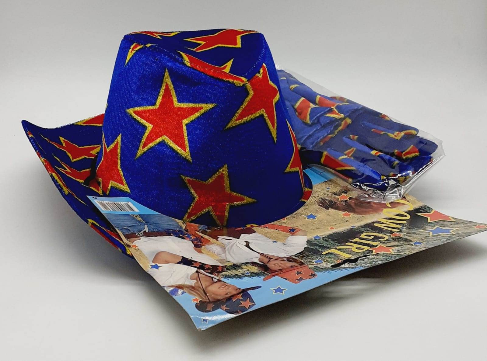 set cowgirl cappello + guanti blu stelle rosse