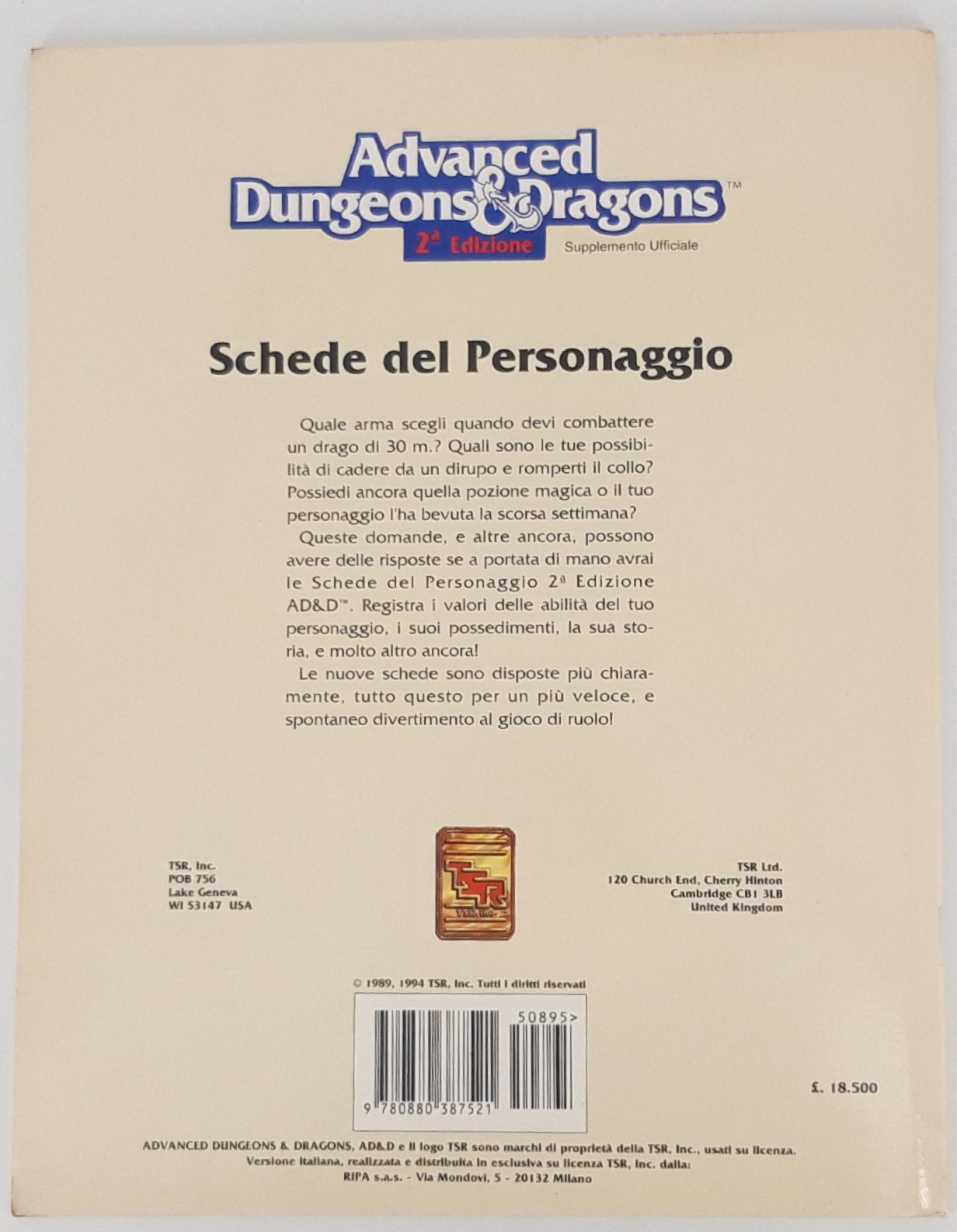 Advanced Dungeon and Dragons 2 edizione schede del personaggio