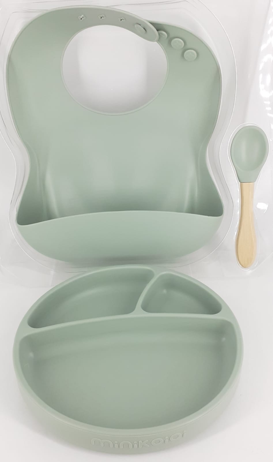 set pappa piatto e bavaglino cucchiaio verde menta