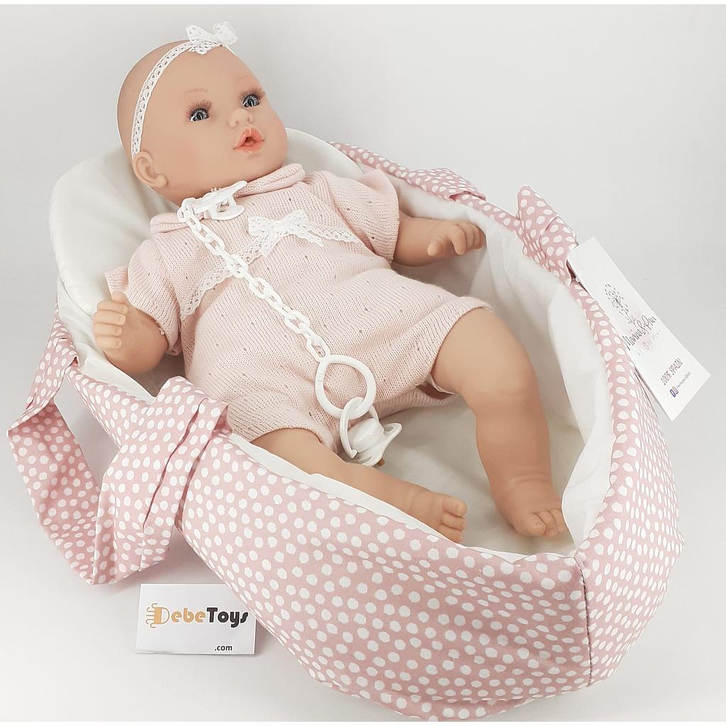 bambola baby 40cm con cesta tessuto rosa