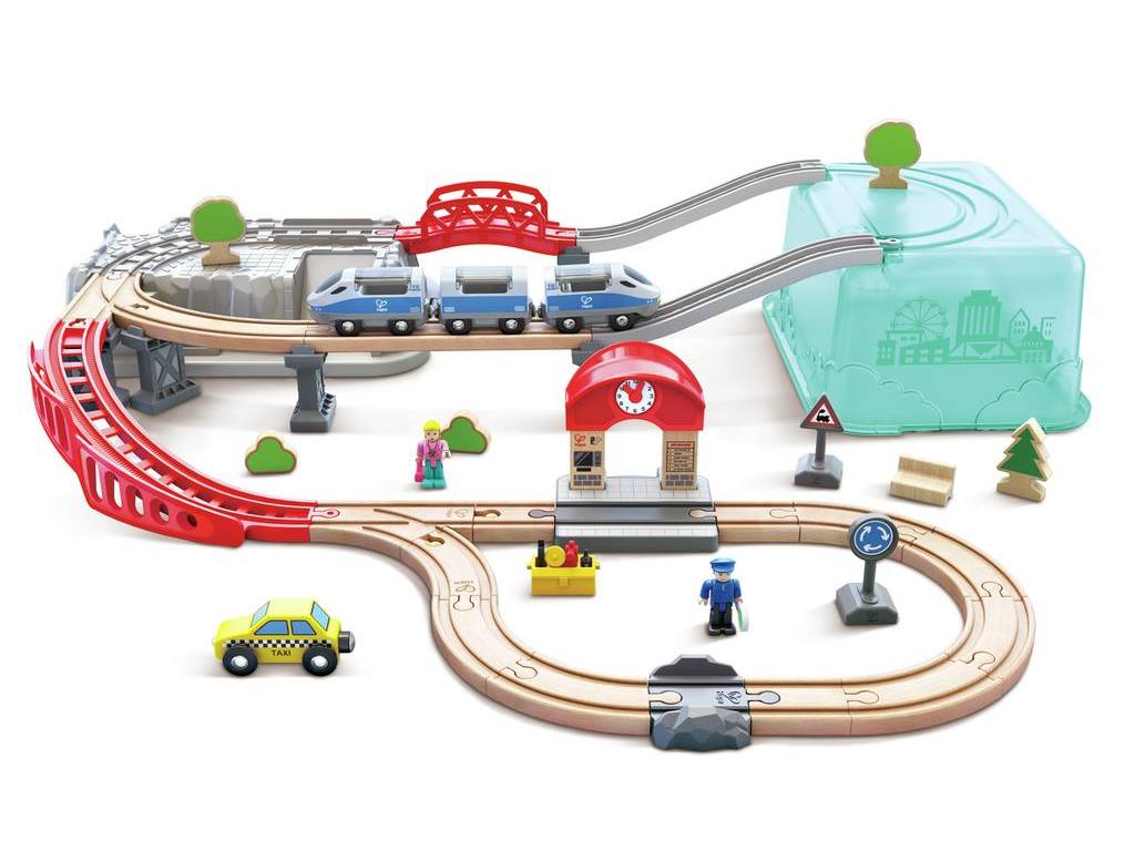 set treno in citta in legno in box
