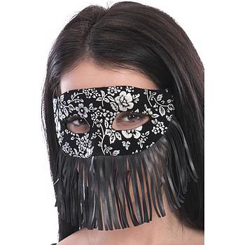 maschera nera con decoro damascato argento e frange