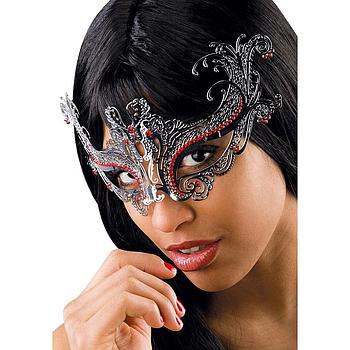 maschera in metallo argento con strass rossi